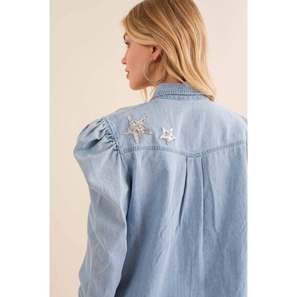 Sequin HOWDY Chambray Button Up with Puff Sleeves Shirt - Picture 4 of 10